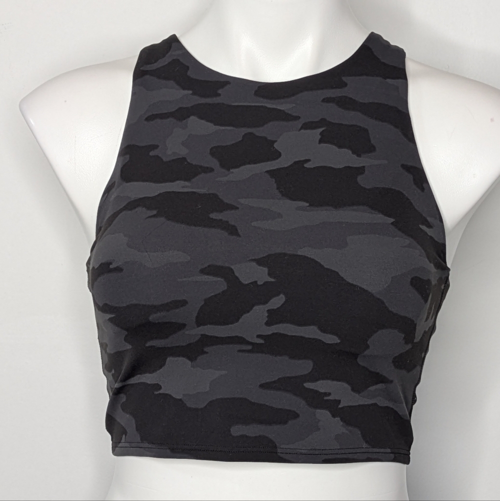 Athleta Black Grey Camo High Neck Exercise Workout Athletic Shelf Sport Bra S